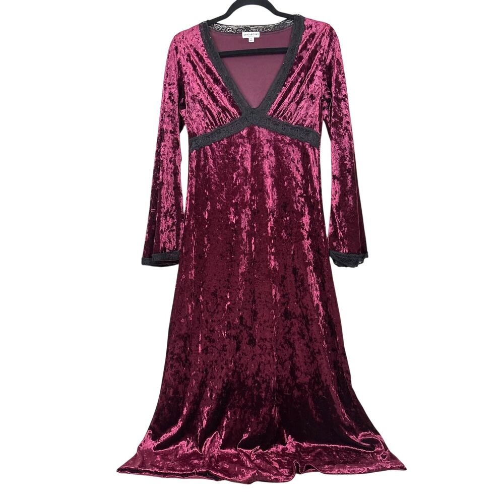 Earthbound Womens Small Wine Red Velvet Lace Maxi Dress Boho Cottagecore Chic